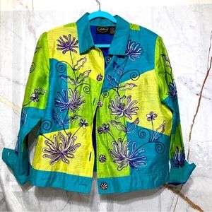 Vtg Embroidered Women’s Bright Neon Green Teal Blazer Jacket size L